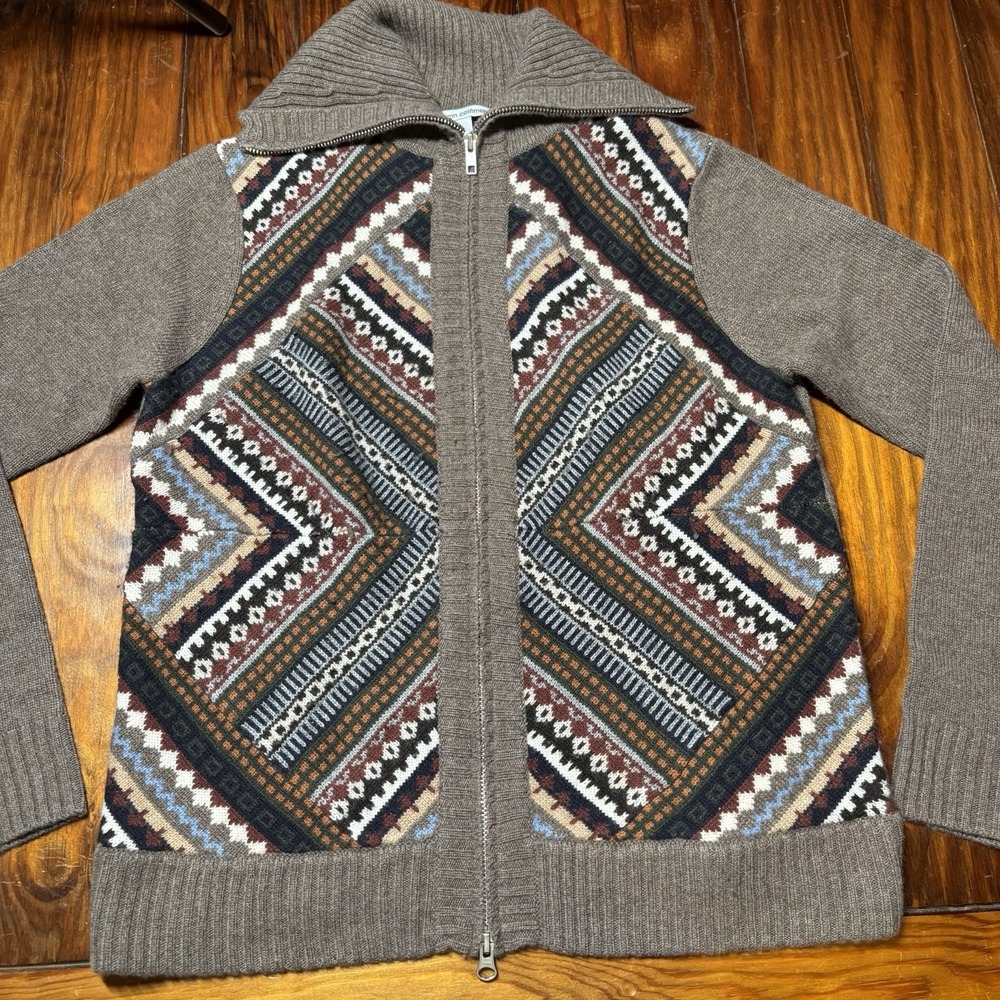 Autumn Cashmere Wool Cashmere Geometric Zip Front Cardigan Sweater M Mock Neck